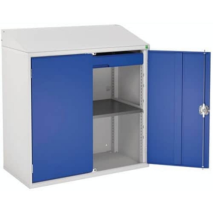 Skříňka se šikmým psacím pultem Bott, 113 x 105 x 55 cm, šedá-modrá