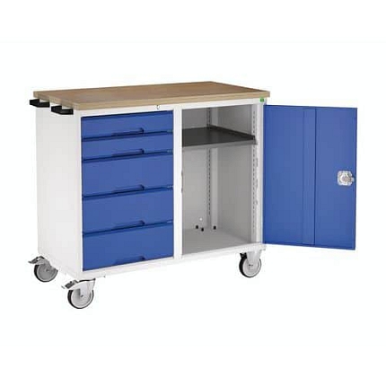 Údržový zásuvkový vozík Bott Verso, 98 x 105 x 60 cm, 5 zásuvek, skříňka, multiplex, šedá-modrá