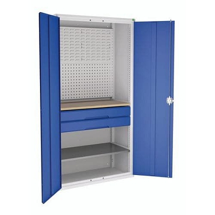 Dílenská skříň se zásuvkami Bott Verso, 200 x 105 x 55 cm, 1 police, 2 zásuvky, šedá-modrá