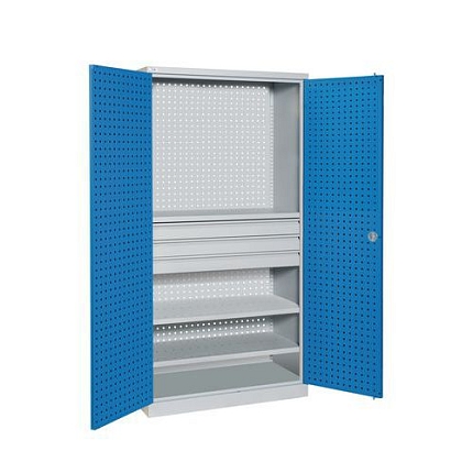 Kovová dílenská skříň Sofame, 195 x 100 x 45 cm, šedá/modrá, 2 police + kovové krytí, 3 zásuvky