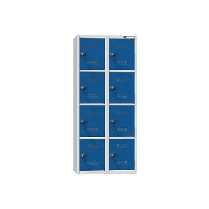 Boxová dobíjecí skříň s mincovním zámkem, 800 x 500 x 1850 mm, zásuvka E, montáž, CZK, šedá-tmavě modrá