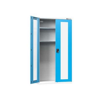 Dílenská dobíjecí skříň, 1044 x 405 x 1950 mm, sklo, šedá-modrá