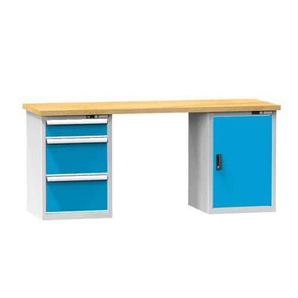 Dílenský stůl KOMBI LB5725, 2500 x 700 x 890 mm, BUK, šedá-modrá