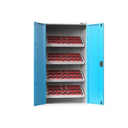 NC skříň s křídlovými dveřmi 54x27D s vybavením, var. 3, šedá-modrá