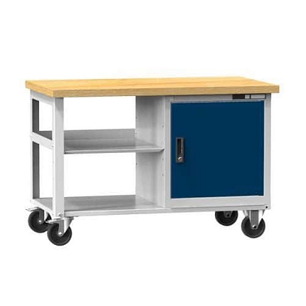 Mobilní dílenský stůl PPS Multiplex, 81 x 120 x 70 cm, 2 police a skříňka, buk/tmavě modrá