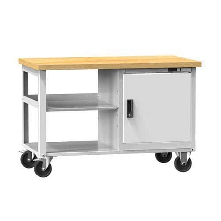 Mobilní dílenský stůl PPS Multiplex, 81 x 120 x 70 cm, 2 police a skříňka, buk/šedá