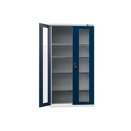 Kovová dílenská skříň na nářadí SK1 s prosklenými dveřmi, 1950 x 1044 x 625 mm, 4 police, šedá/tmavě modrá