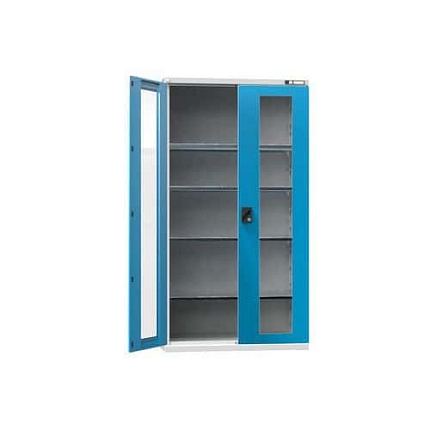 Kovová dílenská skříň na nářadí SK1 s prosklenými dveřmi, 1950 x 1044 x 625 mm, 4 police, šedá/modrá
