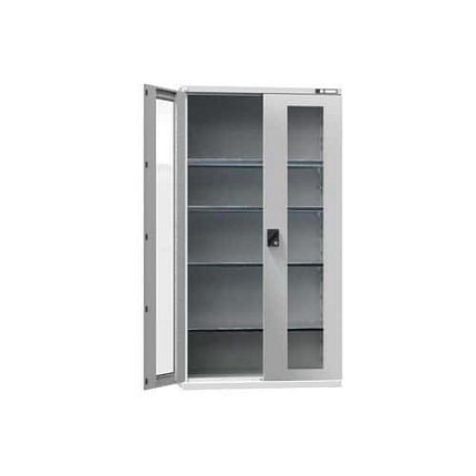 Kovová dílenská skříň na nářadí SK1 s prosklenými dveřmi, 1950 x 1044 x 625 mm, 4 police, šedá/šedá