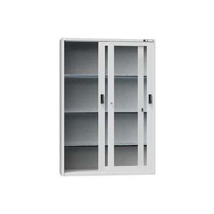 Kovová dílenská skříň na nářadí SP1 s prosklenými dveřmi, 1950 x 1350 x 405 mm, 3 police, šedá/šedá