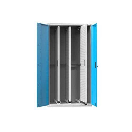 Vertikální skříň s výsuvnými perfopanely, 1044 x 655 x 1950 mm, 3 x panel, šedá-modrá