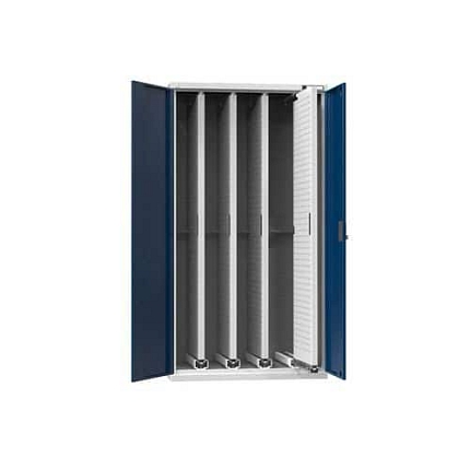 Vertikální skříň s výsuvnými perfopanely, 1044 x 655 x 1950 mm, 4 x panel, šedá-tmavě modrá