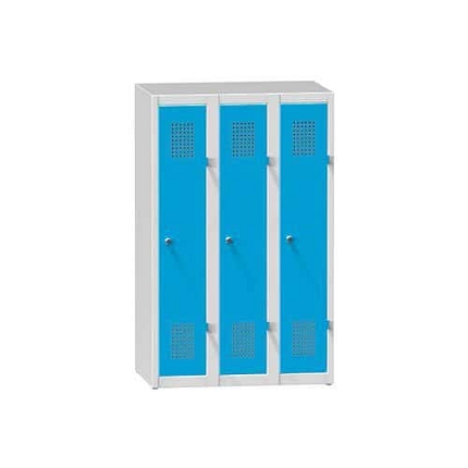 Kovová šatní skříň 3-dvířková na soklu, 750 x 500 x 1200 mm, šedá-modrá