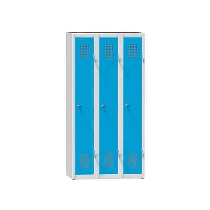 Kovová šatní skříň 3-dvířková na soklu, 900 x 500 x 1500 mm, šedá-modrá