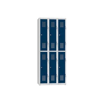 Kovová šatní skříň 6-box na soklu, půlená, 900 x 500 x 1850 mm, šedá-tmavě modrá