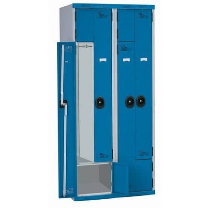 Svařovaná šatní skříň Acial, dveře Z, 4 oddíly, cylindrický zámek, šedá/modrá
