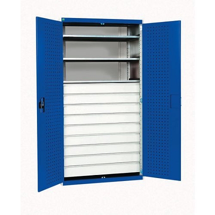 Dílenská skříň se zásuvkami Bott Cubio, 200 x 105 x 65 cm, 3 police, 9 zásuvek, šedá-modrá