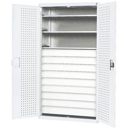 Dílenská skříň se zásuvkami Bott Cubio, 200 x 105 x 65 cm, 3 police, 9 zásuvek, šedá-šedá