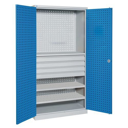 Kovová dílenská skříň Sofame, 195 x 100 x 45 cm, šedá/modrá, 2 police + dřevěné krytí, 4 zásuvky