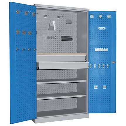 Kovová dílenská skříň Sofame, 195 x 100 x 45 cm, šedá/modrá, 2 police + dřevěné krytí, 2 zásuvky