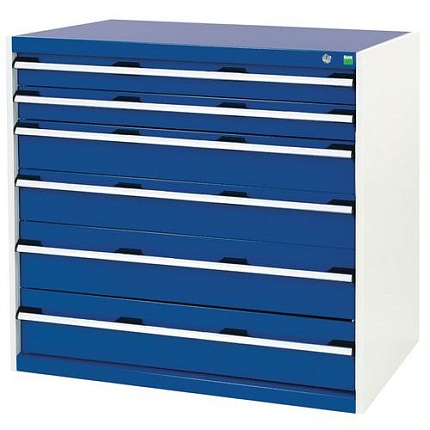 Dílenská zásuvková skříň Bott Cubio, 100 x 105 x 65 cm, 6 zásuvek, šedá-modrá