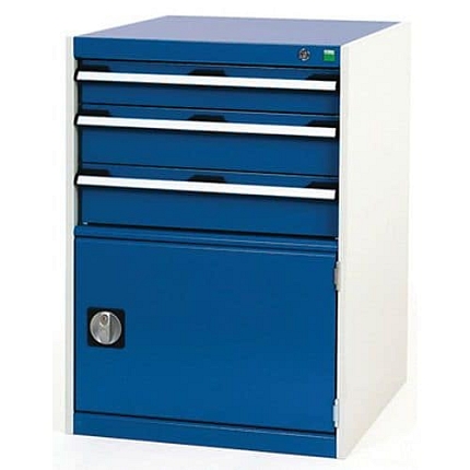 Dílenská zásuvková skříň Bott Cubio, 90 x 65 x 75 cm, 3 zásuvky, 1 skříňka, šedá-modrá