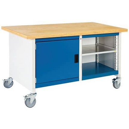 Mobilní dílenský stůl Bott Cubio Storage, 84 x 150 x 75 cm, skříňka, otevřený prostor s policí, multiplex, šedá-modrá