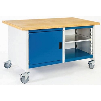 Mobilní dílenský stůl Bott Cubio Storage, 84 x 150 x 75 cm, skříňka, otevřený prostor s policí, linoleum, šedá-modrá