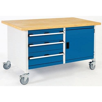 Mobilní dílenský stůl Bott Cubio Storage, 84 x 150 x 75 cm, 3 zásuvky, skříňka, linoleum, šedá-modrá