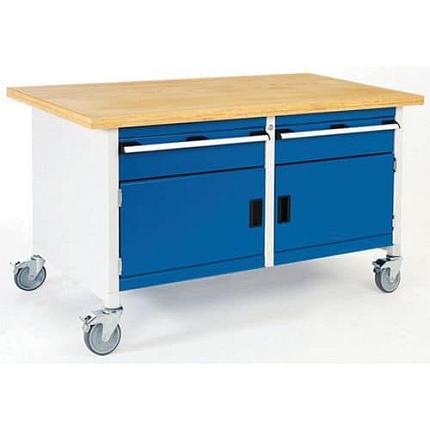 Mobilní dílenský stůl Bott Cubio Storage, 84 x 150 x 75 cm, 2 zásuvky, 2 skříňky, linoleum, šedá-modrá