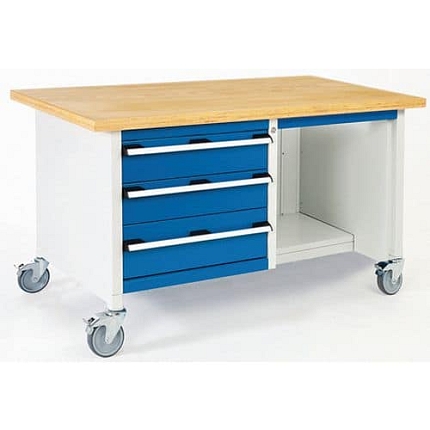 Mobilní dílenský stůl Bott Cubio Storage, 84 x 150 x 75 cm, 3 zásuvky, police, linoleum, šedá-modrá