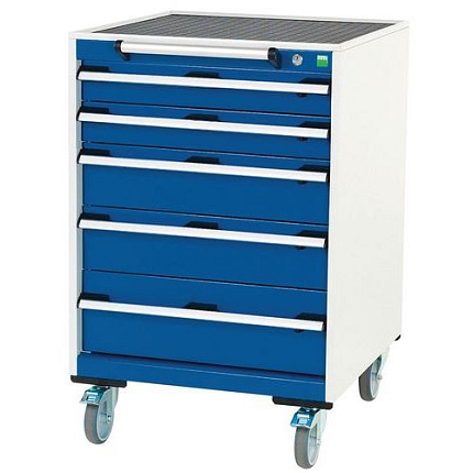 Mobilní zásuvková skříň Bott Cubio, 98,5 x 65 x 65 cm, 5 zásuvek, rohož, šedá-modrá