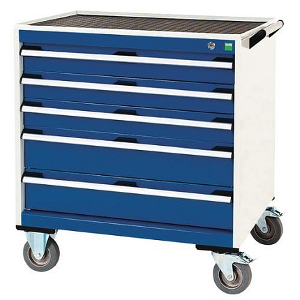 Mobilní zásuvková skříň Bott Cubio, 88,5 x 80 x 65 cm, 5 zásuvek, rohož, šedá-modrá