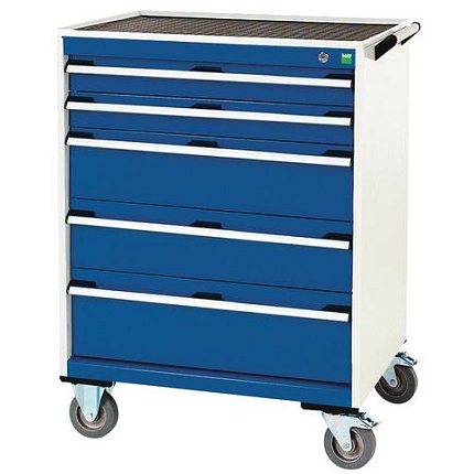 Mobilní zásuvková skříň Bott Cubio, 98,5 x 80 x 65 cm, 5 zásuvek, rohož, šedá-modrá