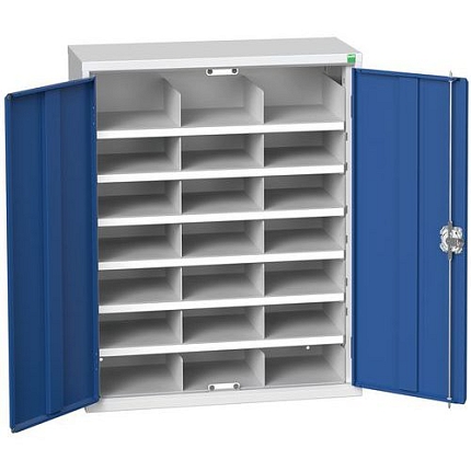 Kovová dílenská skříň Bott Verso s přihrádkami, 100 x 80 x 35 cm, 21 přihrádek, šedá-modrá