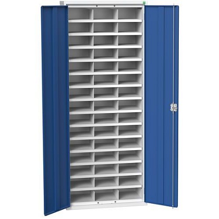 Kovová dílenská skříň Bott Verso s přihrádkami, 200 x 80 x 35 cm, 45 přihrádek, šedá-modrá