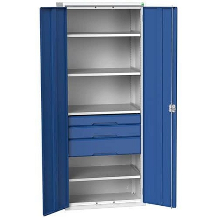 Dílenská skříň se zásuvkami Bott Verso, 200 x 80 x 55 cm, 4 police, 3 zásuvky, šedá-modrá