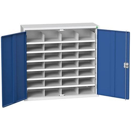 Kovová dílenská skříň Bott Verso s přihrádkami, 100 x 105 x 35 cm, 28 přihrádek, šedá-modrá