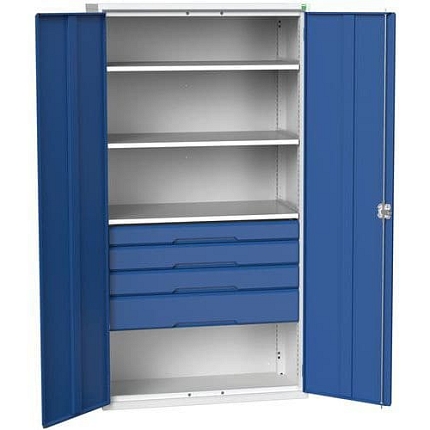 Dílenská skříň se zásuvkami Bott Verso, 200 x 105 x 55 cm, 3 police, 4 zásuvky, šedá-modrá