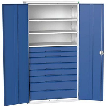 Dílenská skříň se zásuvkami Bott Verso, 200 x 105 x 55 cm, 3 police, 8 zásuvek, šedá-modrá