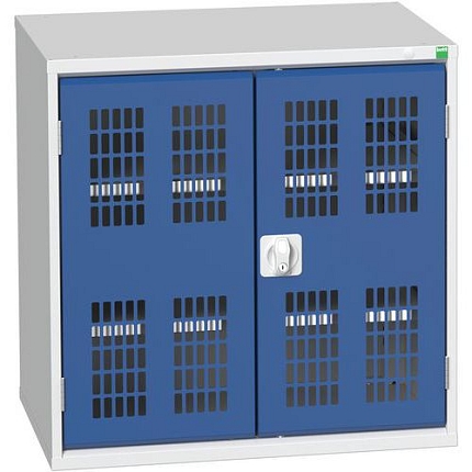 Dílenská skříň policová Bott Verso, drátěné dveře, 80 x 80 x 55 cm, 2 police, šedá-modrá