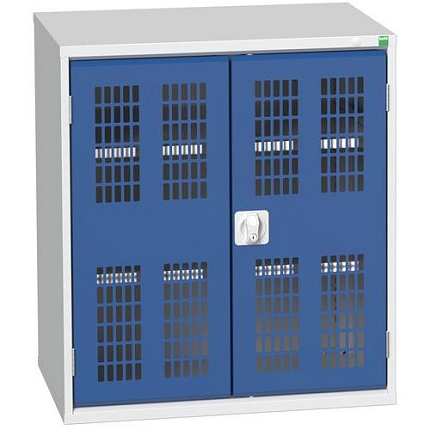 Dílenská skříň policová Bott Verso, drátěné dveře, 90 x 80 x 55 cm, 2 police, šedá-modrá
