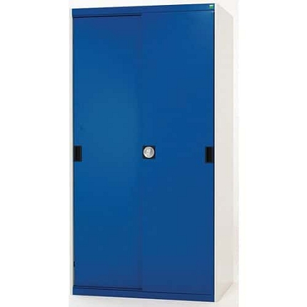 Dílenská skříň s posuvnými dveřmi, 200 x 105 x 52,5 cm, 4 police, šedá-modrá