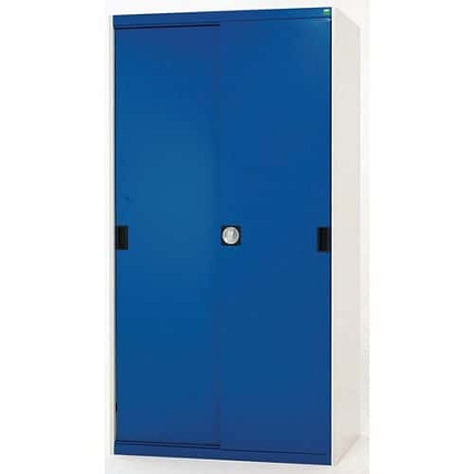 Dílenská skříň s posuvnými dveřmi, 200 x 130 x 52,5 cm, 4 police, šedá-modrá