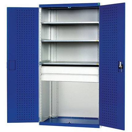 Dílenská skříň se zásuvkami Bott Cubio, 200 x 105 x 65 cm, 3 police, 2 zásuvky, šedá-modrá