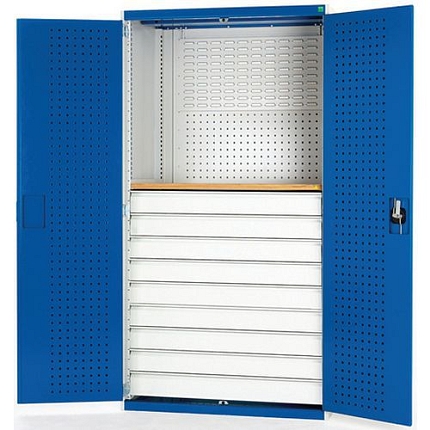 Dílenská skříň se zásuvkami Bott Cubio, multiplex, 200 x 130 x 65 cm, 9 zásuvek, šedá-modrá