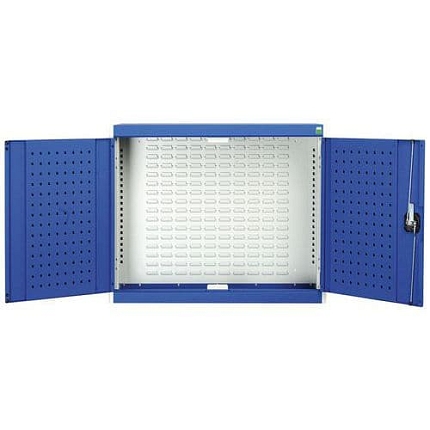 Závěsná skříňka Bott Cubio s boxy a perfopanely na nářadí, 70 x 80 x 32,5 cm, 23 boxů, šedá-modrá