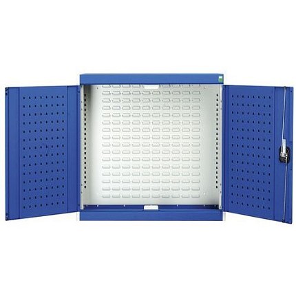 Závěsná skříňka Bott Cubio s boxy a perfopanely na nářadí, 100 x 105 x 32,5 cm, 43 boxů, šedá-modrá