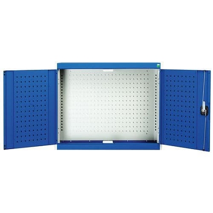 Závěsná skříňka Bott Cubio s držáky na nářadí a perfopanely, 70 x 80 x 32,5 cm, 20 držáků, šedá-modrá