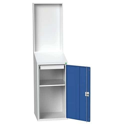 Pracovní stanice Economy Bott, s panelem, 1 police, 1 zásuvka, 200 x 52,5 x 55 cm, šedá-modrá